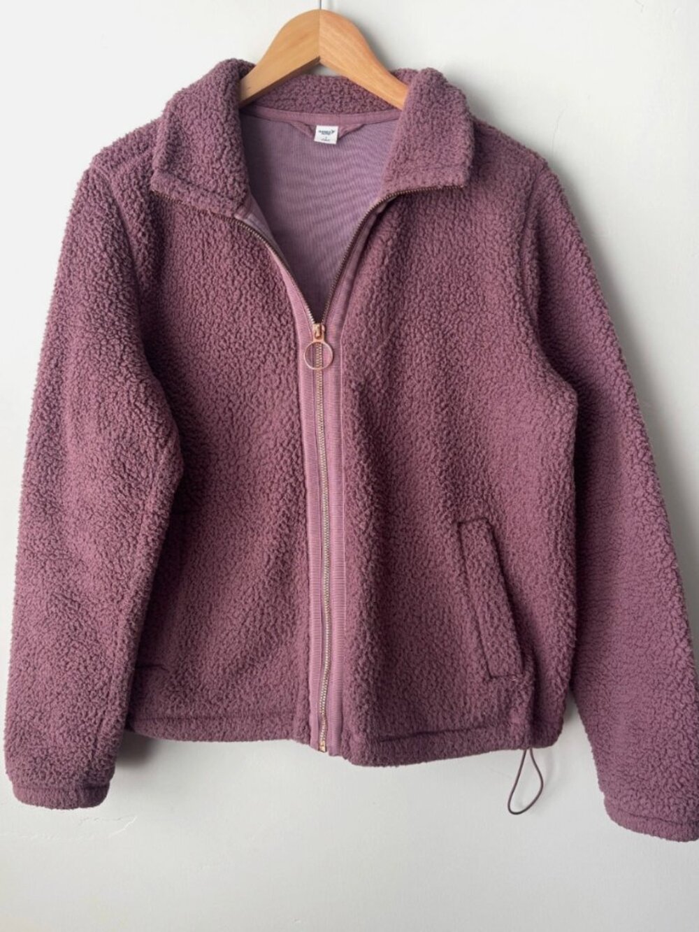 Old Navy Teddy Sherpa Fleece Jacket Misty Grown, O-Ring Zip Campcore Womens S
